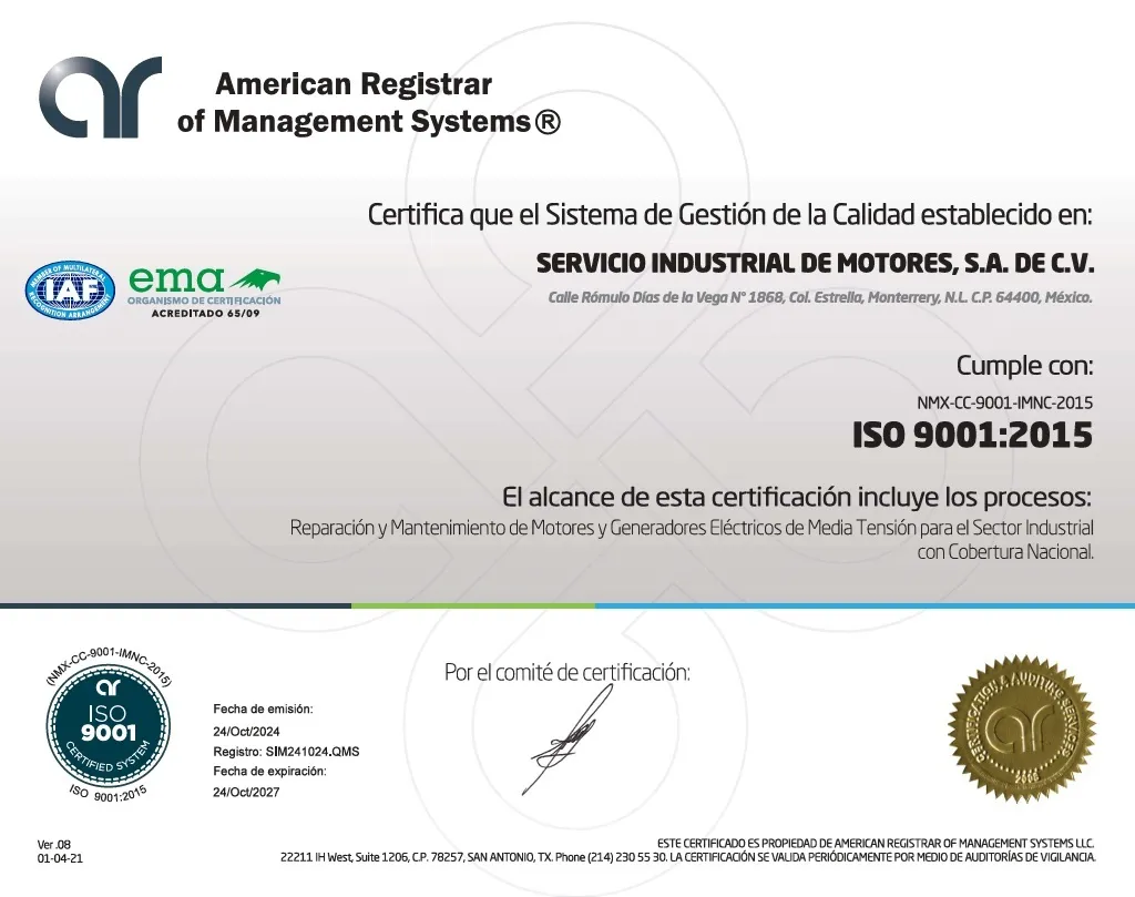 Certificado ISO 9001:2015 de SIMSA en sistemas de gestión de calidad industrial